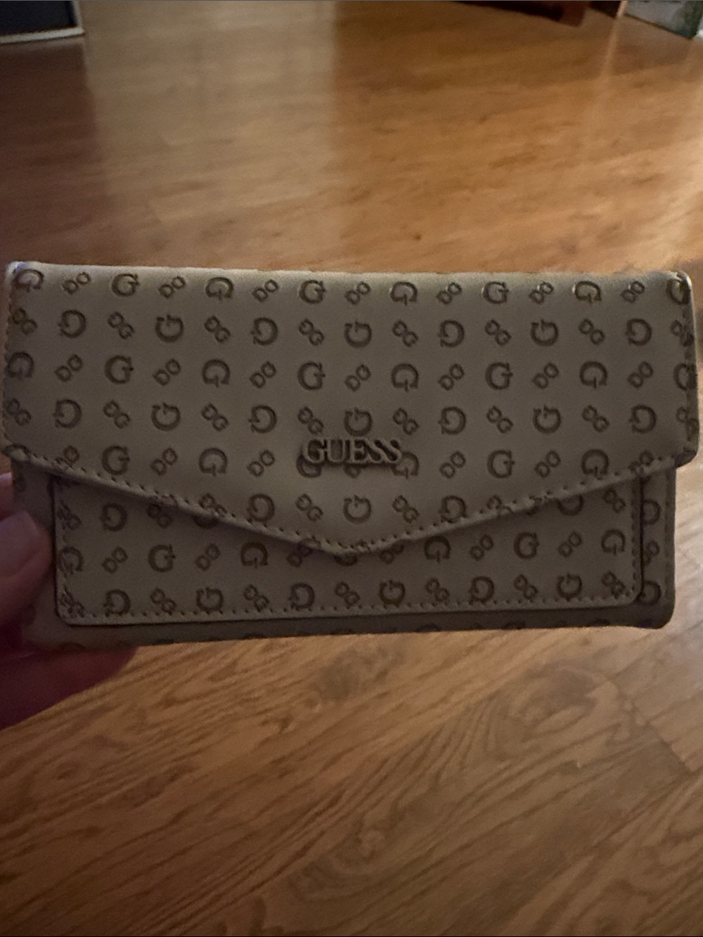 Guess Logo Print Beige Trifold Wallet with Gold Accent